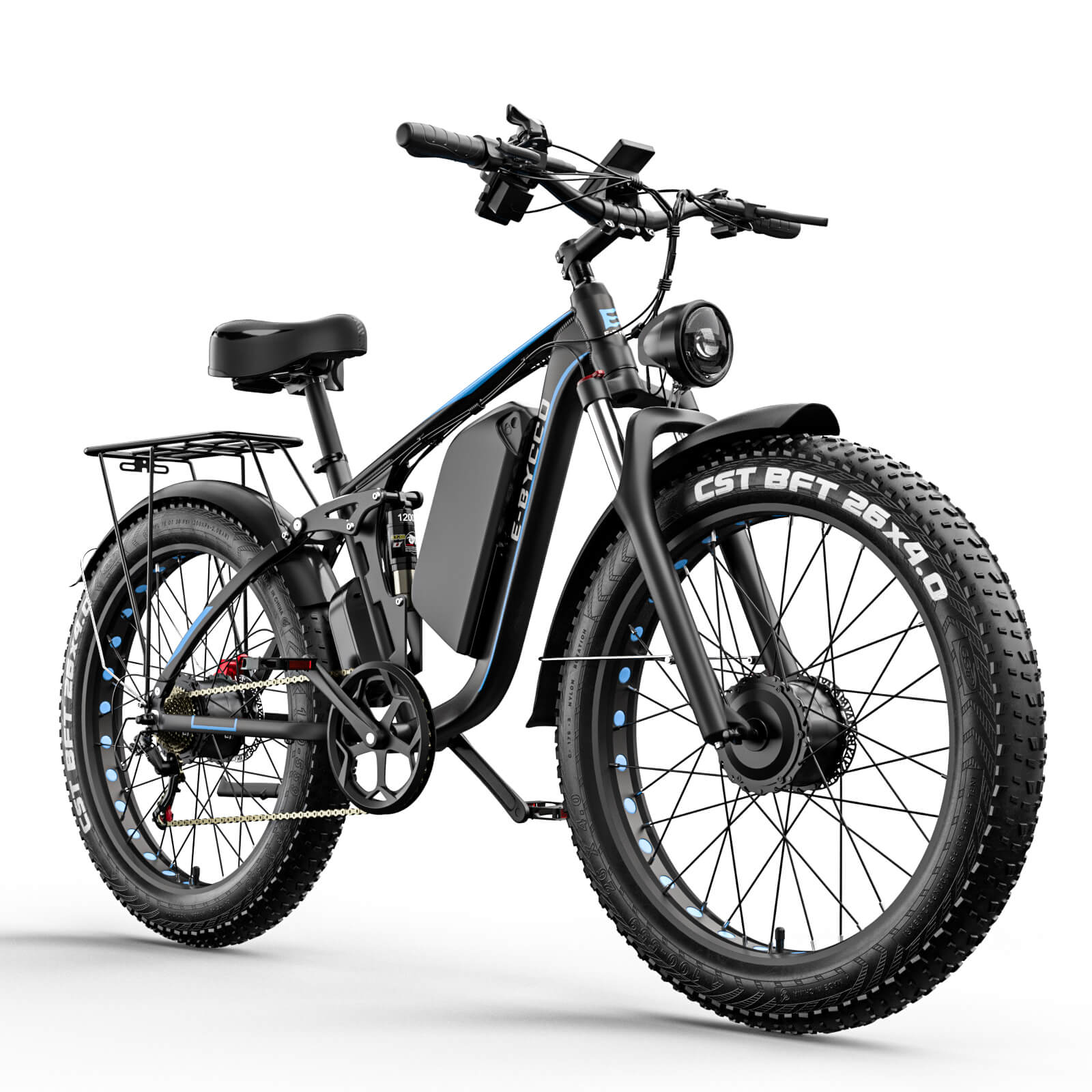 E·BYCCO 26'' EB7PRO Dual Motor Peak 6000W 52V 32Ah Adult Electric Bike Black/Blue + Handlebar riser E·BYCCO 26'' EB7PRO Dual Motor Peak 6000W 52V 32Ah Adult Electric Bike Black/Blue + Handlebar riser