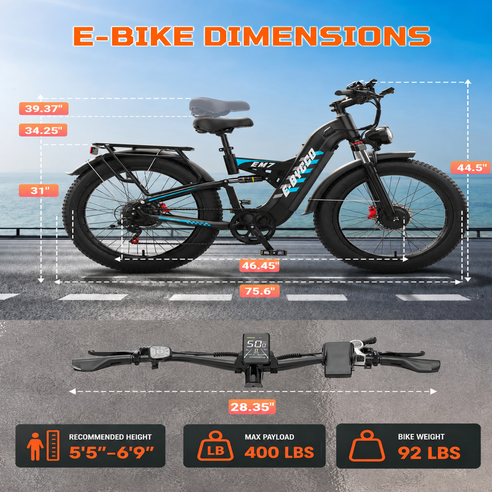 E·BYCCO 26" EM7 Peak 9000W 52V 30AH Battery Full Suspension Pedal Electric Bike