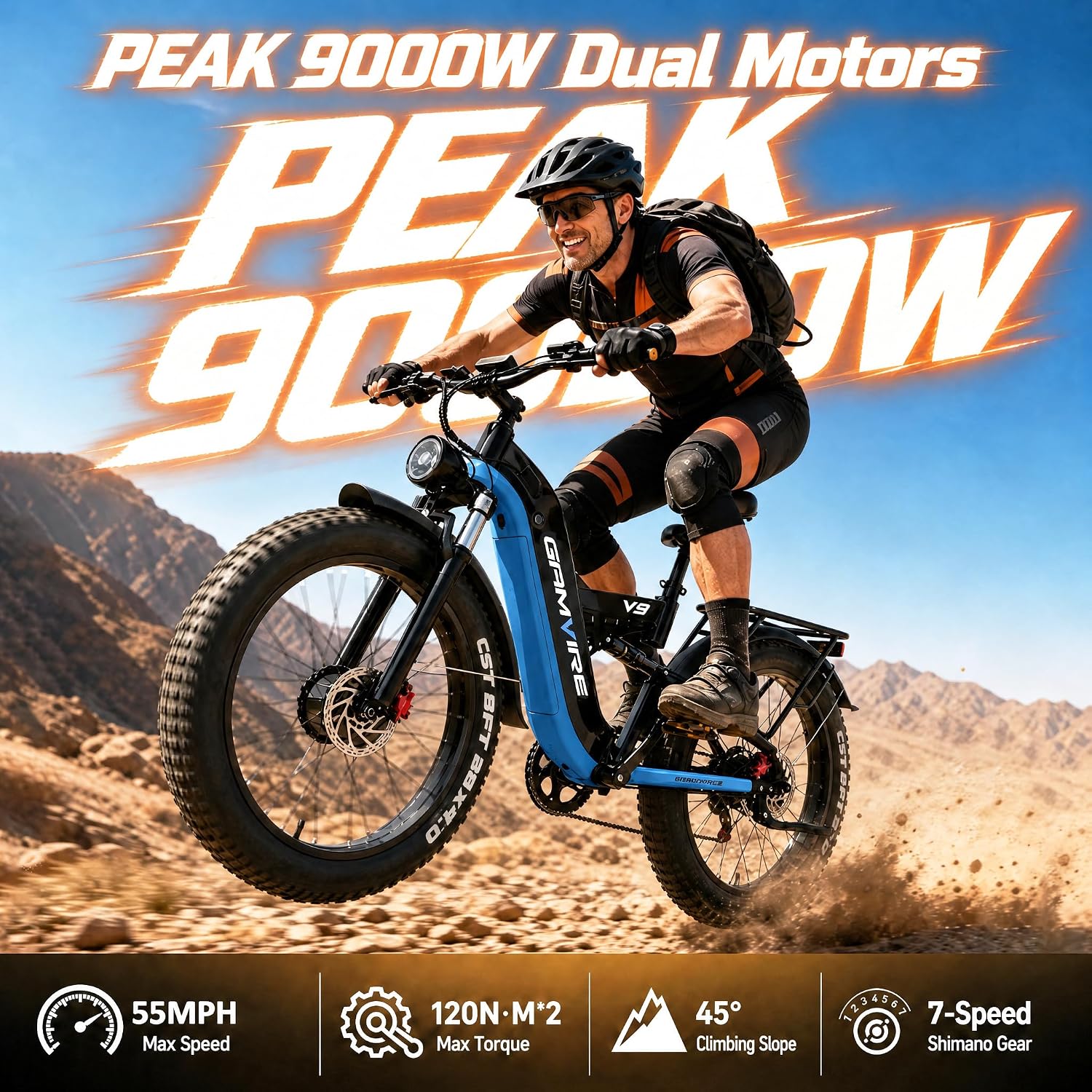 E·BYCCO&GAMVIRE 26" V9 High Performance Electric Bicycle Peak 9000W with Turn Signals 52V 30AH