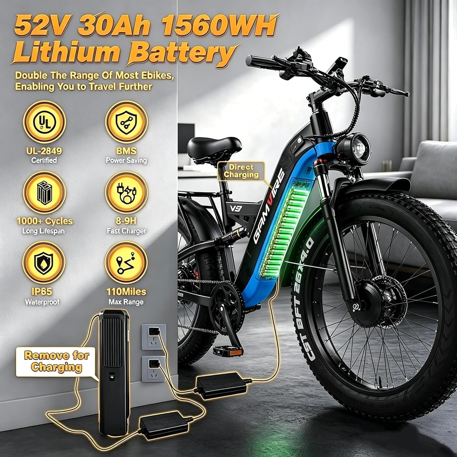 E·BYCCO&GAMVIRE 26" V9 High Performance Electric Bicycle Peak 9000W with Turn Signals 52V 30AH