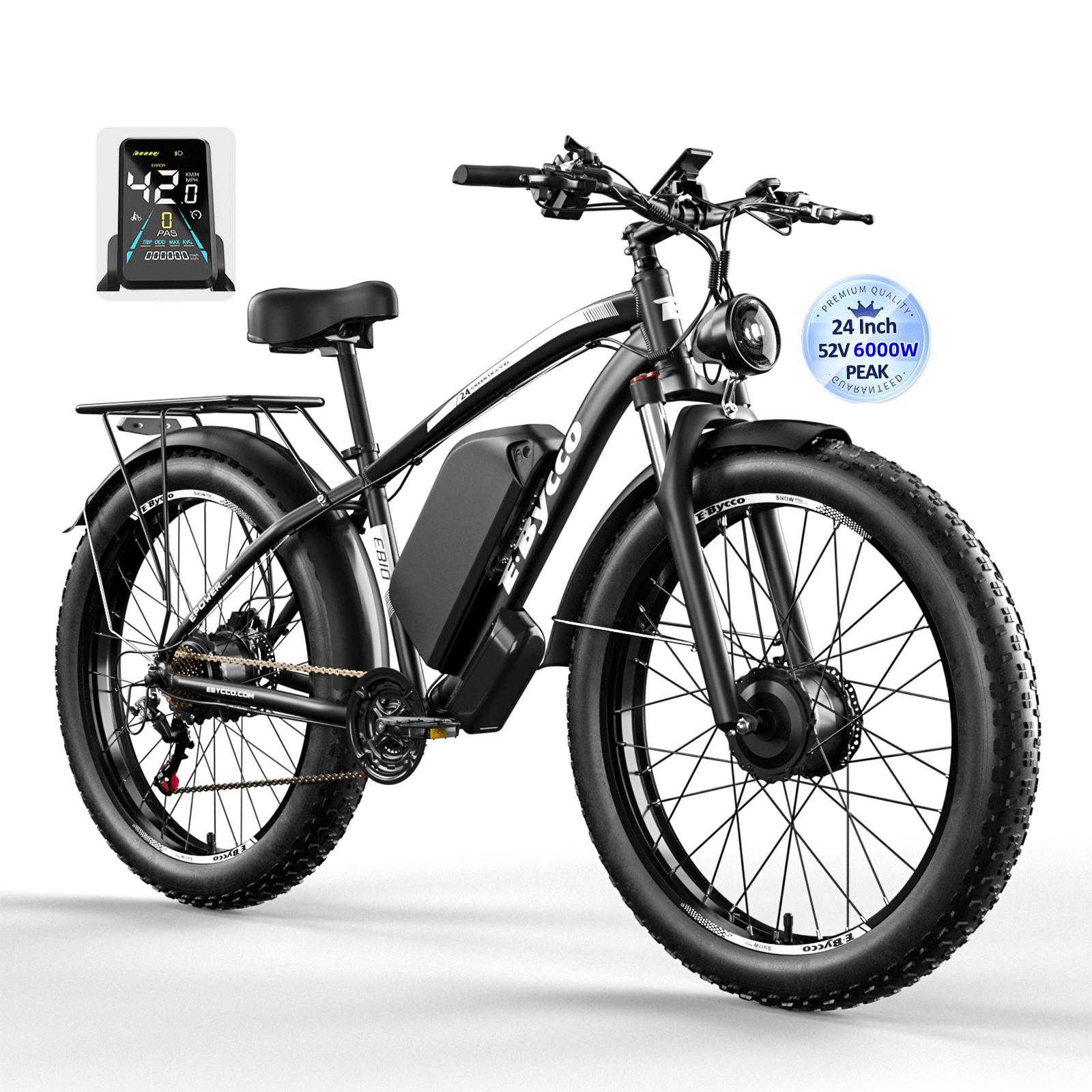 E·BYCCO 24'' EB10 Peak 6000W 52V 32Ah Dual Motors Electric Bike for Women and Men Black/White + Rear bag