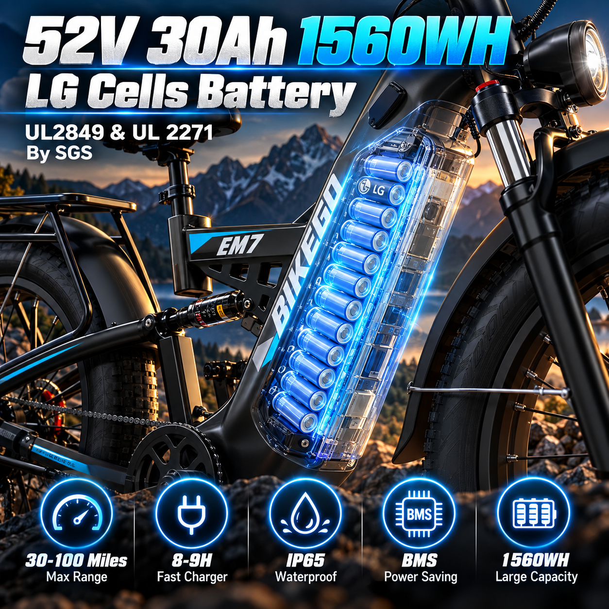 E·BYCCO 26" EM7 Peak 9000W 52V 30AH Battery Full Suspension Pedal Electric Bike