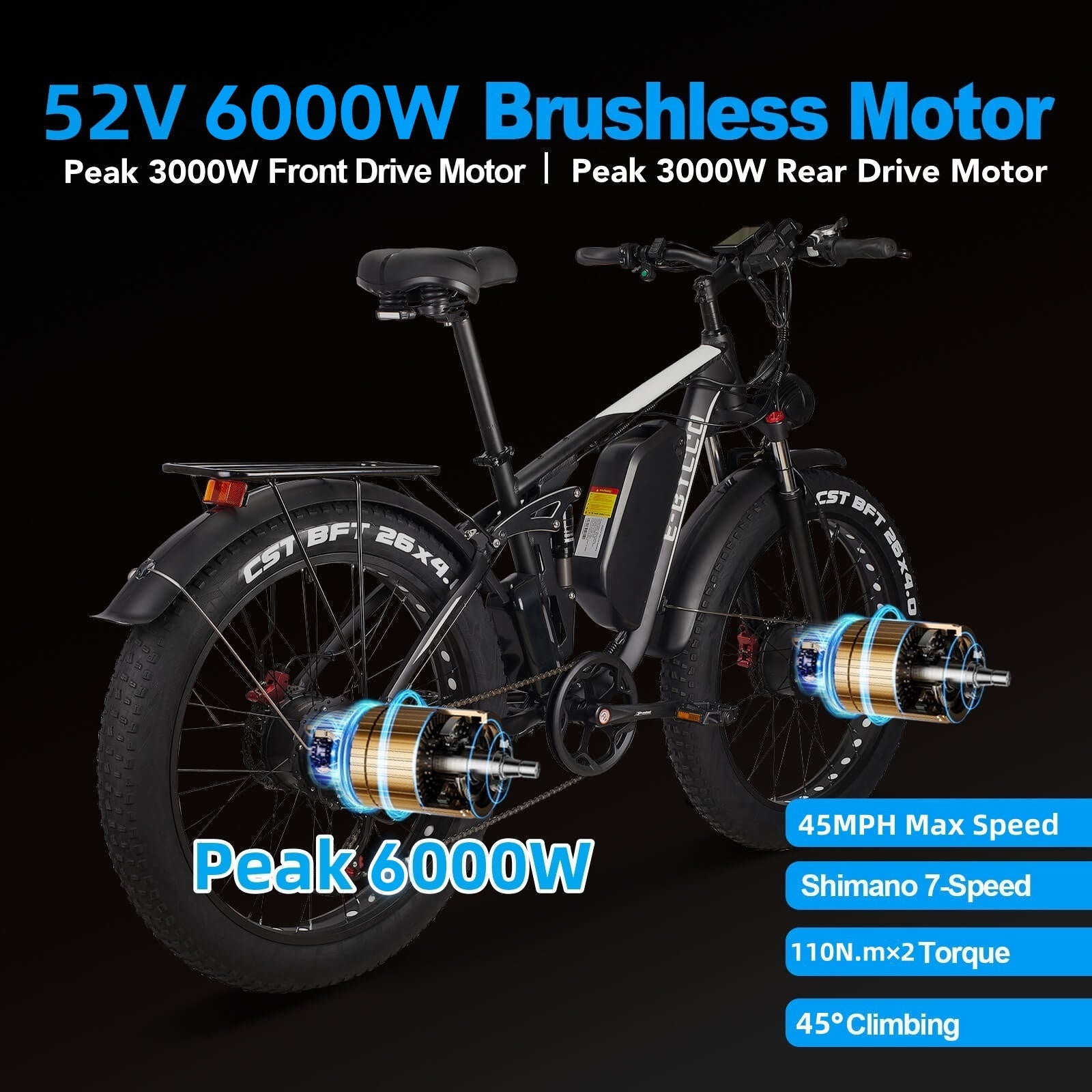 E·BYCCO 26'' EB7PRO Dual Motor Peak 6000W 52V 32Ah Adult Electric Bike
