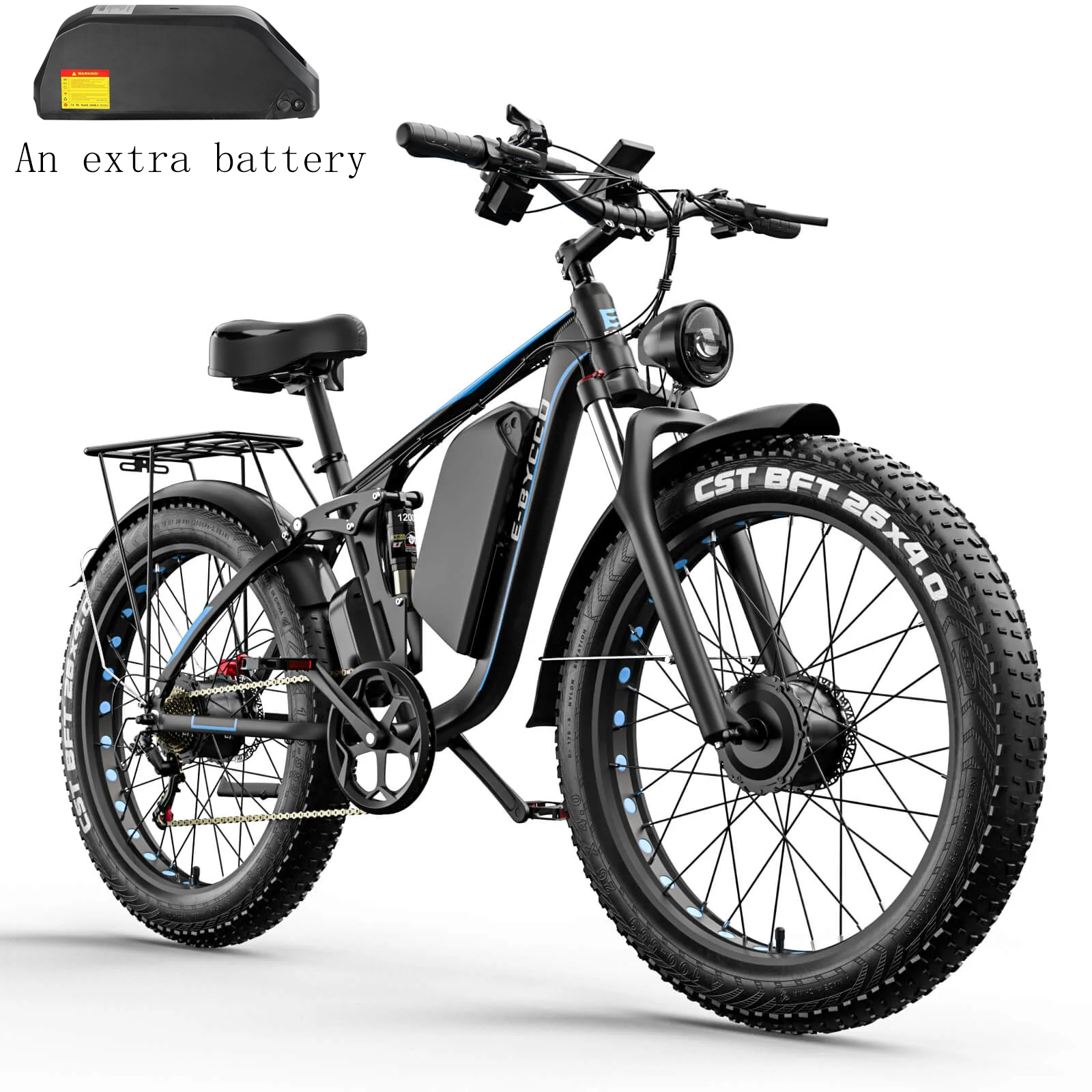 E·BYCCO 26'' EB7PRO Dual Motor Peak 6000W 52V 32Ah Adult Electric Bike Black/Blue + Handlebar riser E·BYCCO 26'' EB7PRO Dual Motor Peak 6000W 52V 32Ah Adult Electric Bike Black/Blue + Handlebar riser