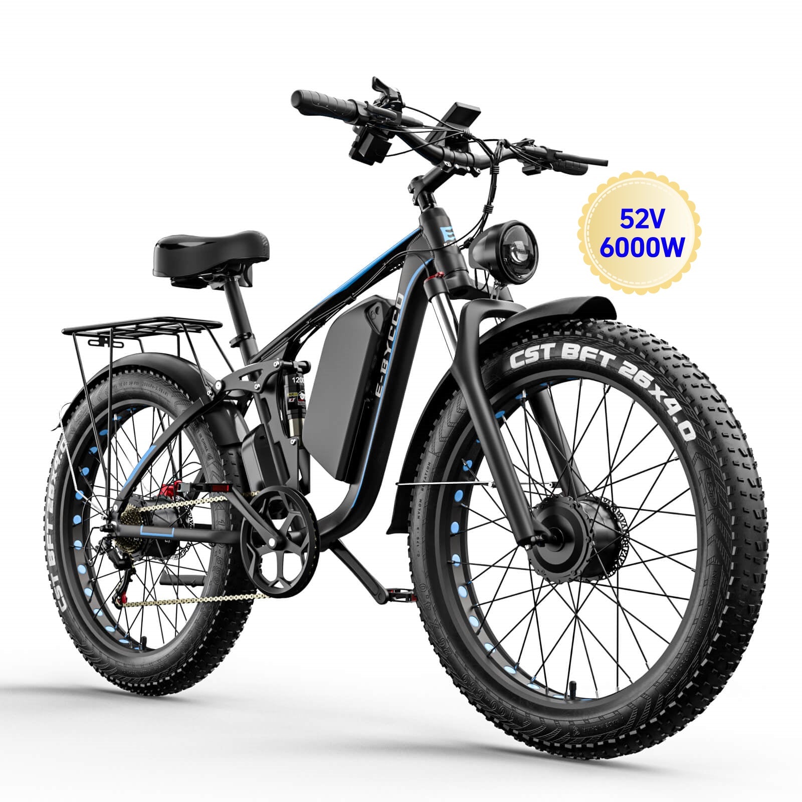 E·BYCCO 26'' EB7PRO Dual Motor Peak 6000W 52V 32Ah Adult Electric Bike Black/Blue + Handlebar riser E·BYCCO 26'' EB7PRO Dual Motor Peak 6000W 52V 32Ah Adult Electric Bike Black/Blue + Handlebar riser