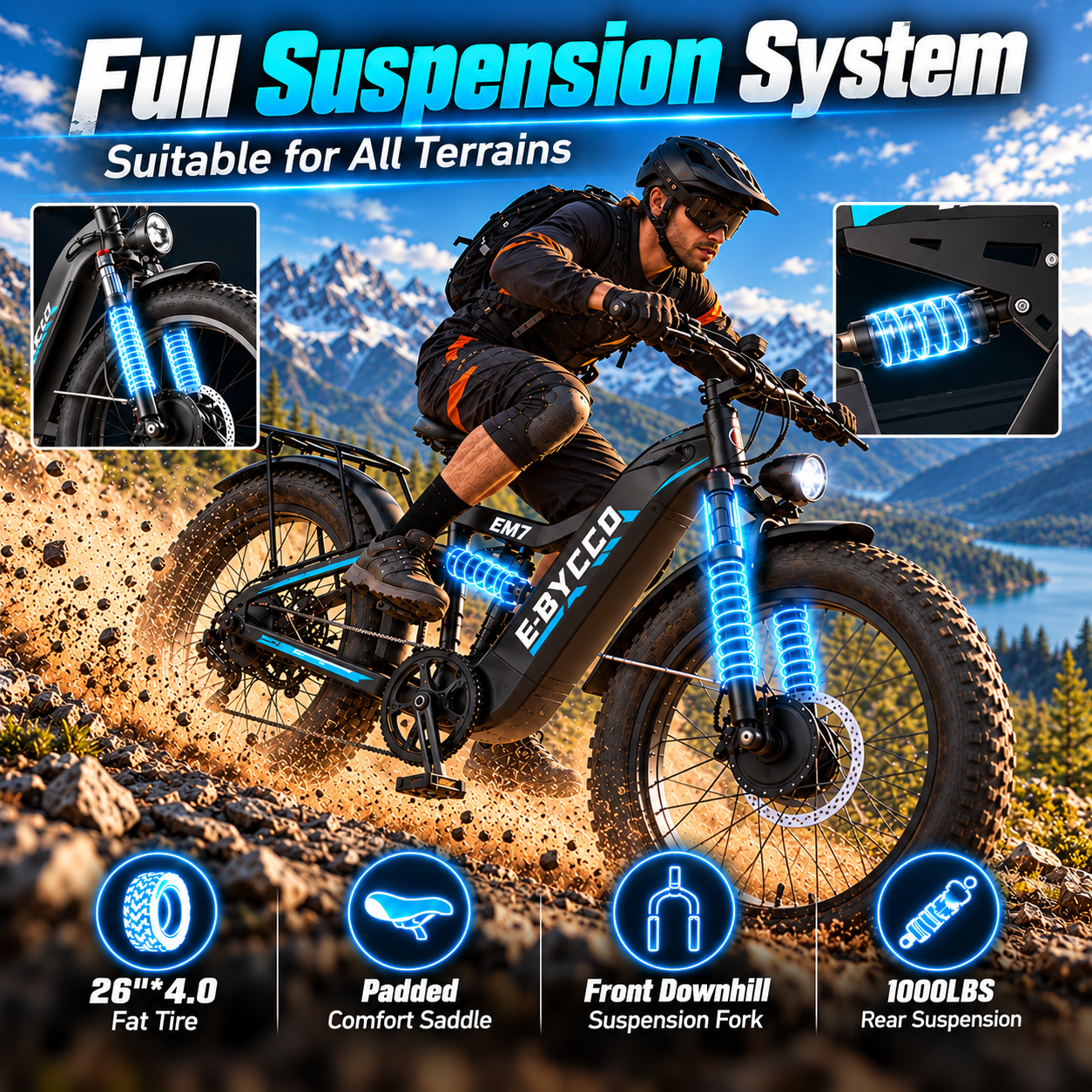 E·BYCCO 26" EM7 Peak 9000W 52V 30AH Battery Full Suspension Pedal Electric Bike