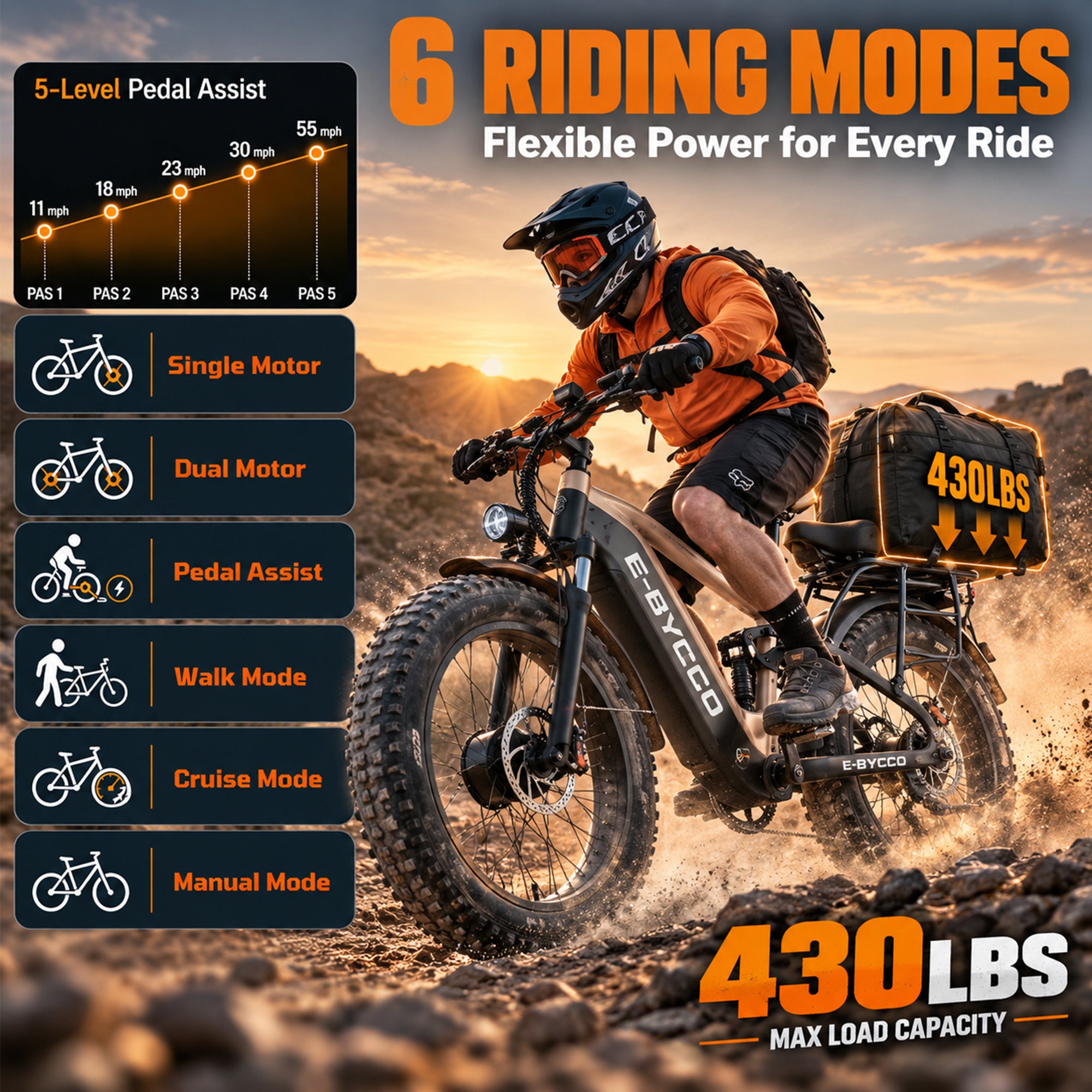 E·BYCCO 26" C8max Electric Bike Peak 9000W 60V 30AH Battery with Turn Signals